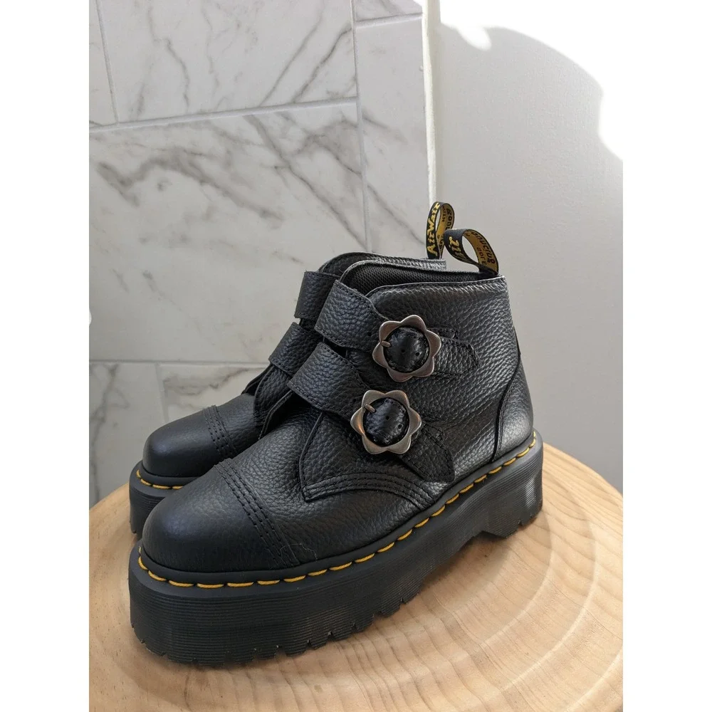 NWOB Dr Martens Black Leather Platform‎ Boots Buckle Devon Flower Chunky Soles